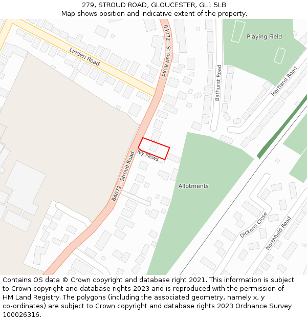 279, STROUD ROAD, GLOUCESTER, GL1 5LB: Location map and indicative extent of plot