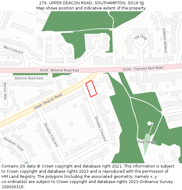 279, UPPER DEACON ROAD, SOUTHAMPTON, SO19 5JJ: Location map and indicative extent of plot