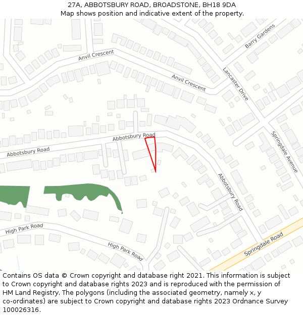 27A, ABBOTSBURY ROAD, BROADSTONE, BH18 9DA: Location map and indicative extent of plot