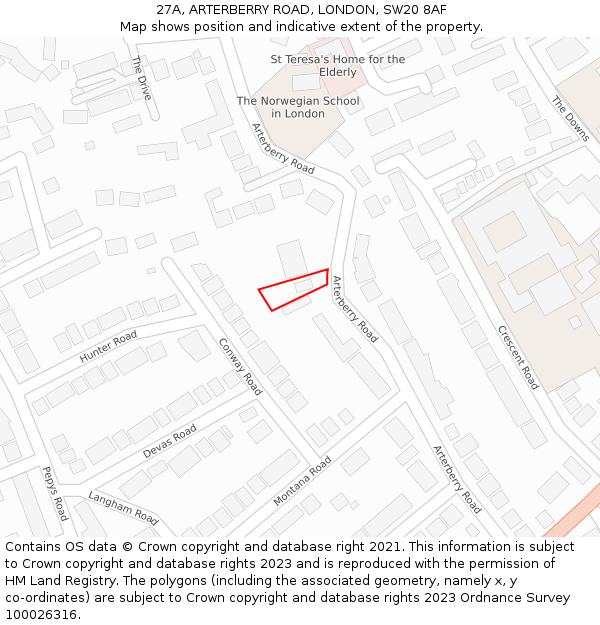 27A, ARTERBERRY ROAD, LONDON, SW20 8AF: Location map and indicative extent of plot