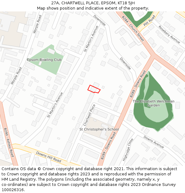 27A, CHARTWELL PLACE, EPSOM, KT18 5JH: Location map and indicative extent of plot