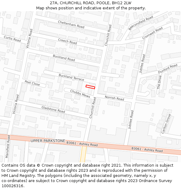 27A, CHURCHILL ROAD, POOLE, BH12 2LW: Location map and indicative extent of plot