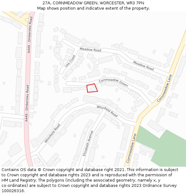 27A, CORNMEADOW GREEN, WORCESTER, WR3 7PN: Location map and indicative extent of plot