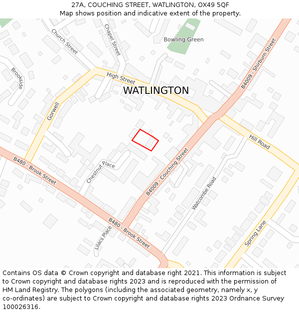 27A, COUCHING STREET, WATLINGTON, OX49 5QF: Location map and indicative extent of plot