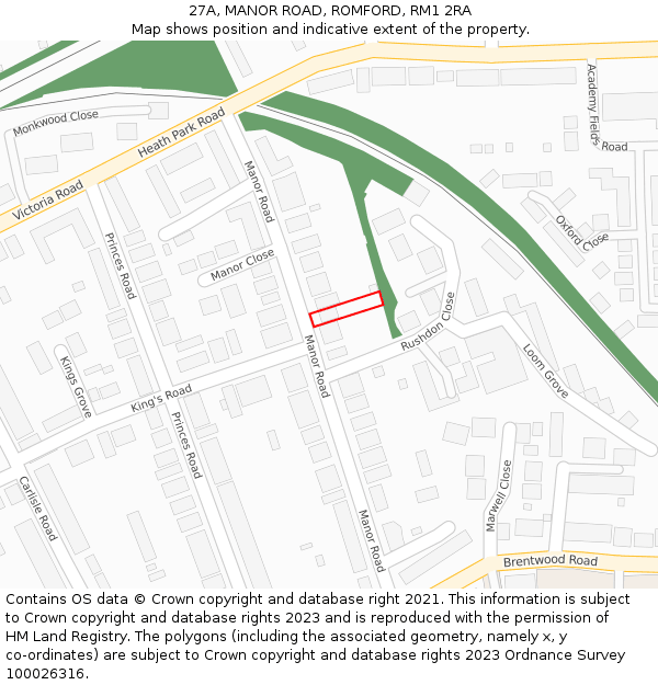 27A, MANOR ROAD, ROMFORD, RM1 2RA: Location map and indicative extent of plot