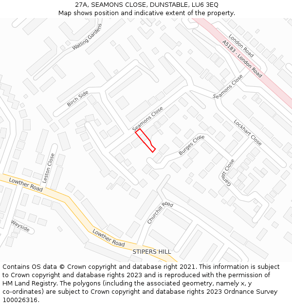 27A, SEAMONS CLOSE, DUNSTABLE, LU6 3EQ: Location map and indicative extent of plot