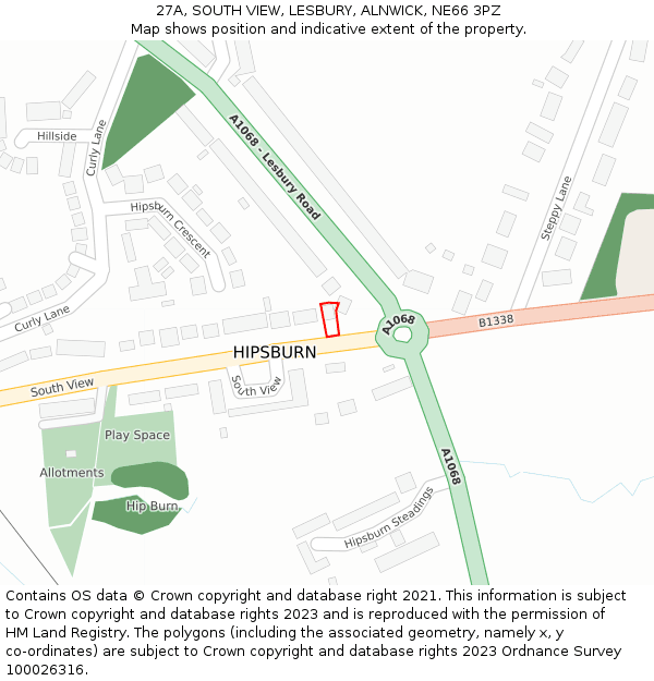 27A, SOUTH VIEW, LESBURY, ALNWICK, NE66 3PZ: Location map and indicative extent of plot
