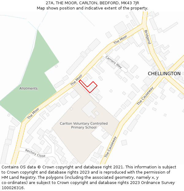 27A, THE MOOR, CARLTON, BEDFORD, MK43 7JR: Location map and indicative extent of plot