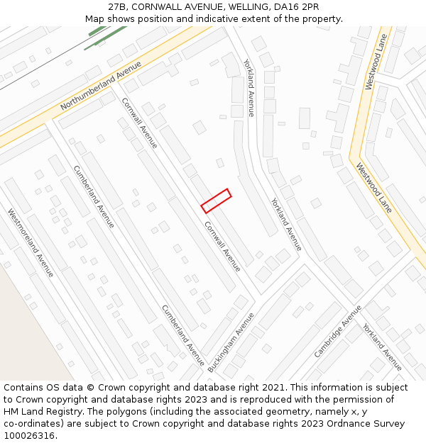 27B, CORNWALL AVENUE, WELLING, DA16 2PR: Location map and indicative extent of plot