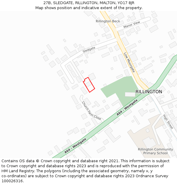 27B, SLEDGATE, RILLINGTON, MALTON, YO17 8JR: Location map and indicative extent of plot