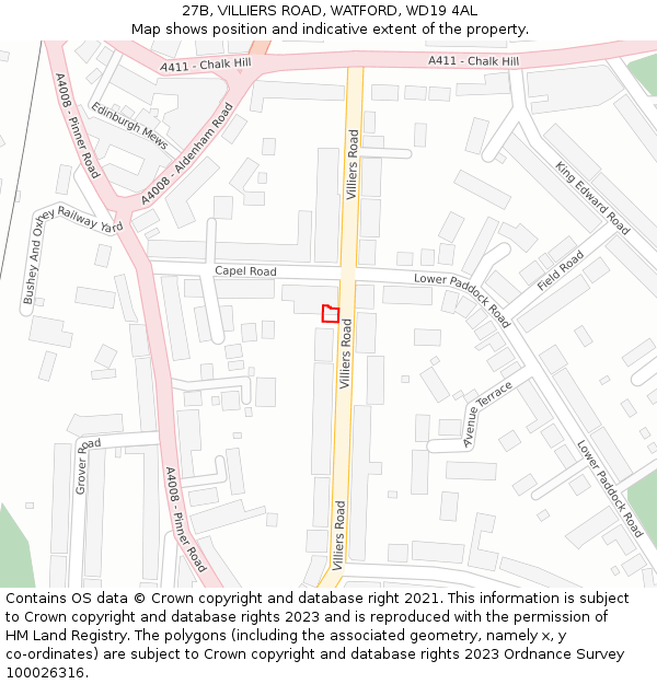 27B, VILLIERS ROAD, WATFORD, WD19 4AL: Location map and indicative extent of plot