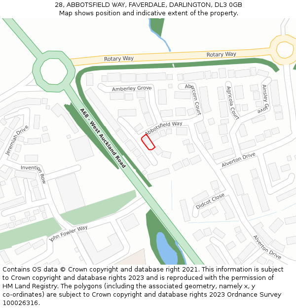 28, ABBOTSFIELD WAY, FAVERDALE, DARLINGTON, DL3 0GB: Location map and indicative extent of plot