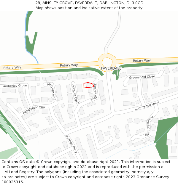 28, AINSLEY GROVE, FAVERDALE, DARLINGTON, DL3 0GD: Location map and indicative extent of plot
