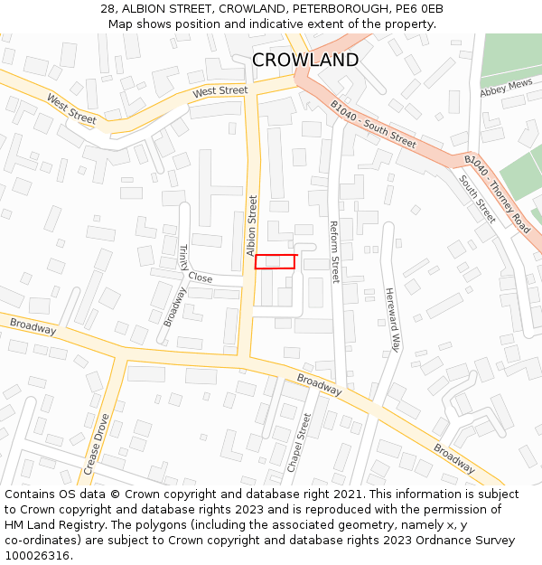 28, ALBION STREET, CROWLAND, PETERBOROUGH, PE6 0EB: Location map and indicative extent of plot