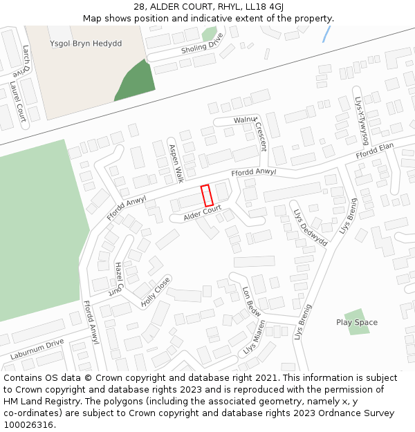 28, ALDER COURT, RHYL, LL18 4GJ: Location map and indicative extent of plot