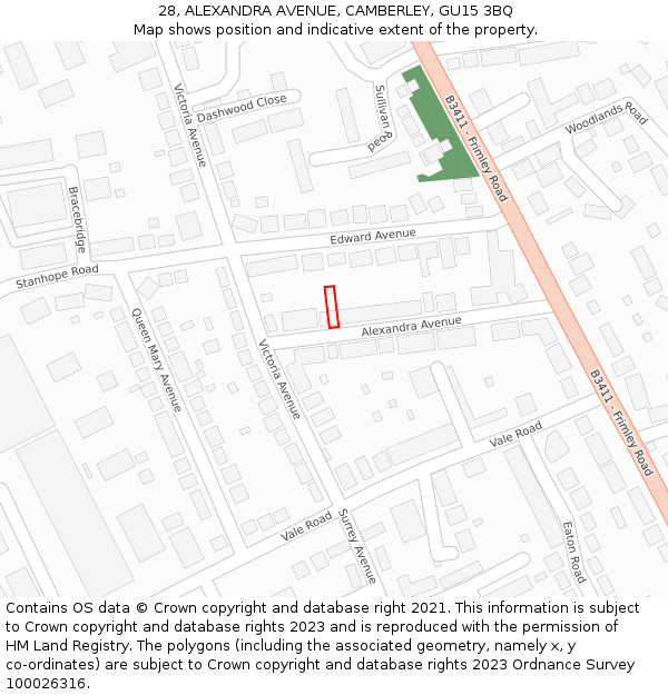 28, ALEXANDRA AVENUE, CAMBERLEY, GU15 3BQ: Location map and indicative extent of plot