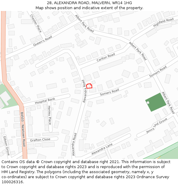 28, ALEXANDRA ROAD, MALVERN, WR14 1HG: Location map and indicative extent of plot