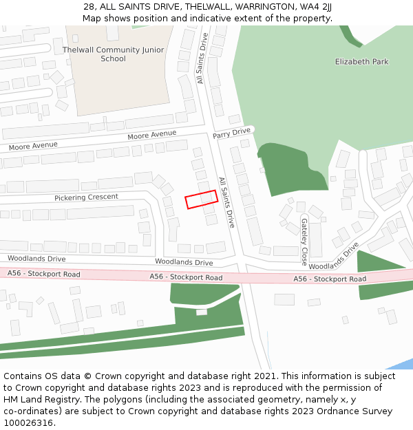 28, ALL SAINTS DRIVE, THELWALL, WARRINGTON, WA4 2JJ: Location map and indicative extent of plot