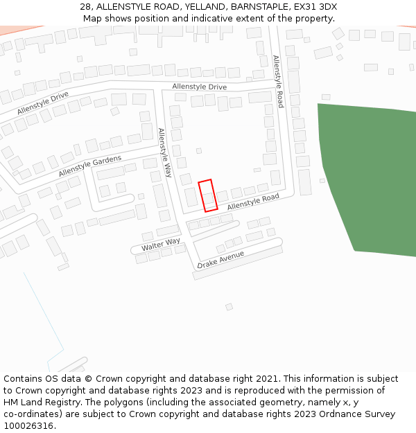 28, ALLENSTYLE ROAD, YELLAND, BARNSTAPLE, EX31 3DX: Location map and indicative extent of plot