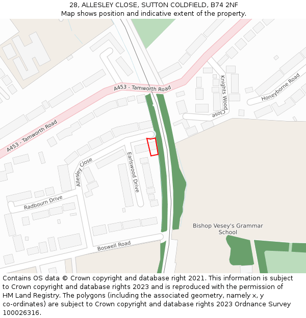 28, ALLESLEY CLOSE, SUTTON COLDFIELD, B74 2NF: Location map and indicative extent of plot