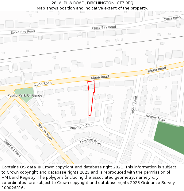 28, ALPHA ROAD, BIRCHINGTON, CT7 9EQ: Location map and indicative extent of plot