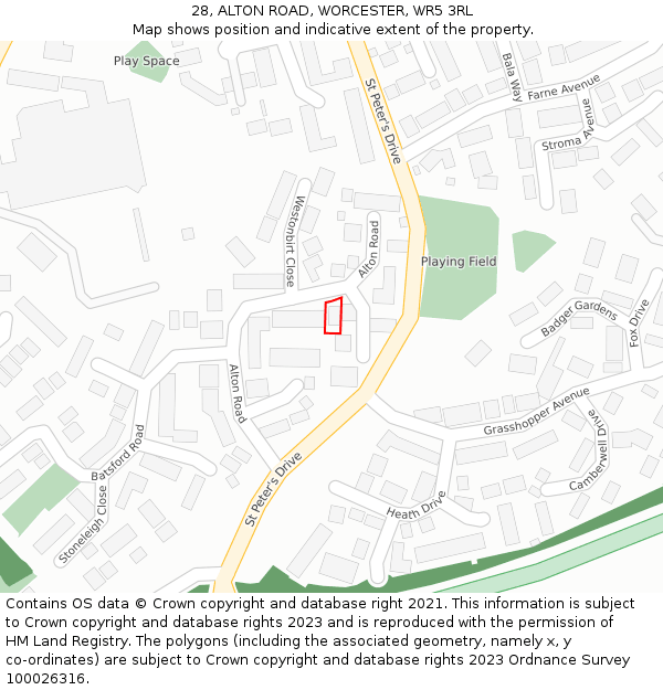 28, ALTON ROAD, WORCESTER, WR5 3RL: Location map and indicative extent of plot
