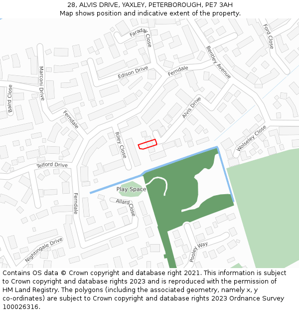 28, ALVIS DRIVE, YAXLEY, PETERBOROUGH, PE7 3AH: Location map and indicative extent of plot