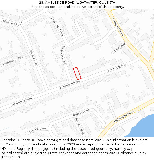 28, AMBLESIDE ROAD, LIGHTWATER, GU18 5TA: Location map and indicative extent of plot