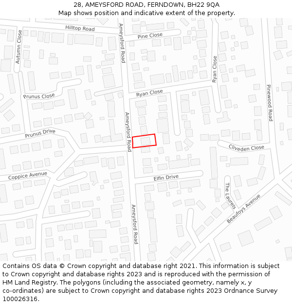 28, AMEYSFORD ROAD, FERNDOWN, BH22 9QA: Location map and indicative extent of plot