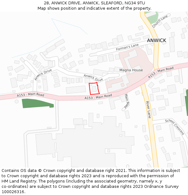 28, ANWICK DRIVE, ANWICK, SLEAFORD, NG34 9TU: Location map and indicative extent of plot