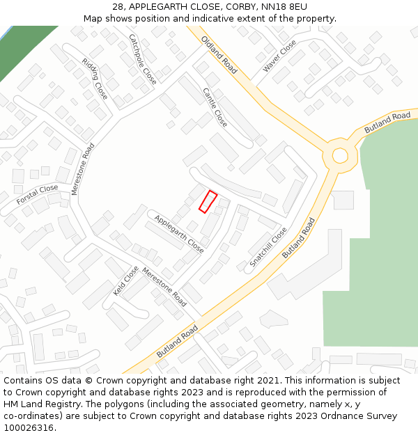 28, APPLEGARTH CLOSE, CORBY, NN18 8EU: Location map and indicative extent of plot