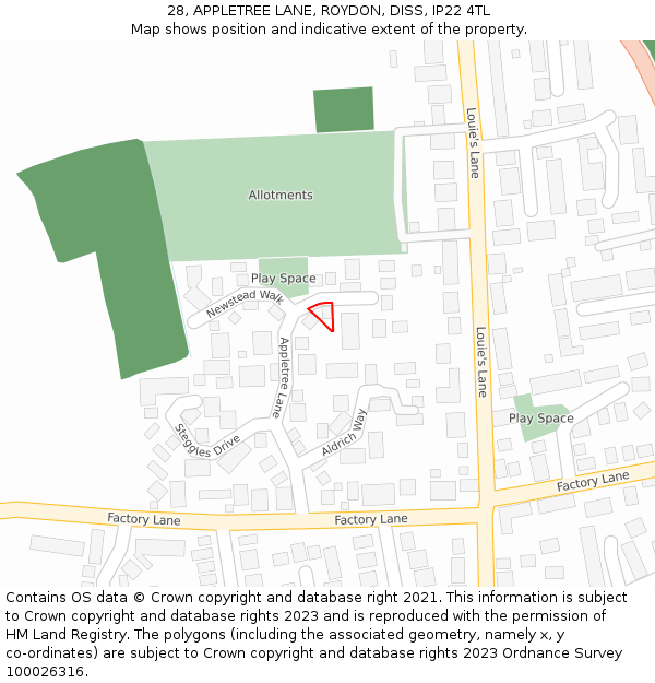 28, APPLETREE LANE, ROYDON, DISS, IP22 4TL: Location map and indicative extent of plot
