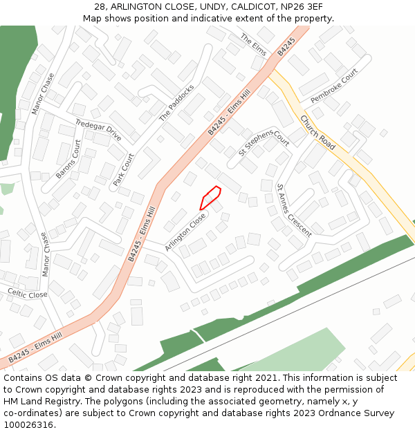 28, ARLINGTON CLOSE, UNDY, CALDICOT, NP26 3EF: Location map and indicative extent of plot