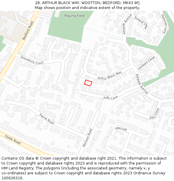 28, ARTHUR BLACK WAY, WOOTTON, BEDFORD, MK43 9FJ: Location map and indicative extent of plot