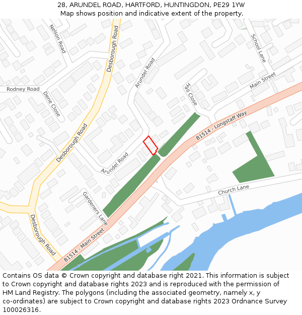 28, ARUNDEL ROAD, HARTFORD, HUNTINGDON, PE29 1YW: Location map and indicative extent of plot