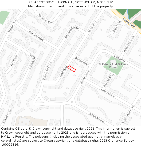 28, ASCOT DRIVE, HUCKNALL, NOTTINGHAM, NG15 6HZ: Location map and indicative extent of plot