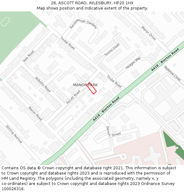 28, ASCOTT ROAD, AYLESBURY, HP20 1HX: Location map and indicative extent of plot