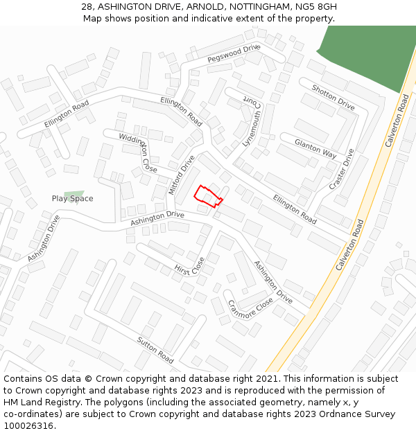 28, ASHINGTON DRIVE, ARNOLD, NOTTINGHAM, NG5 8GH: Location map and indicative extent of plot