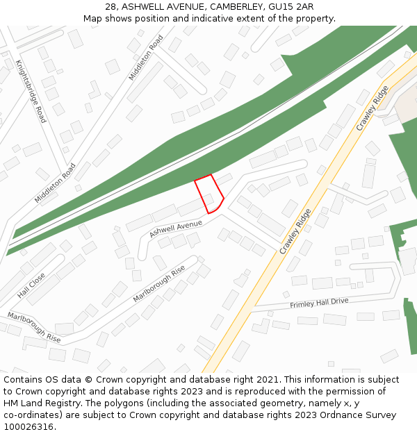 28, ASHWELL AVENUE, CAMBERLEY, GU15 2AR: Location map and indicative extent of plot