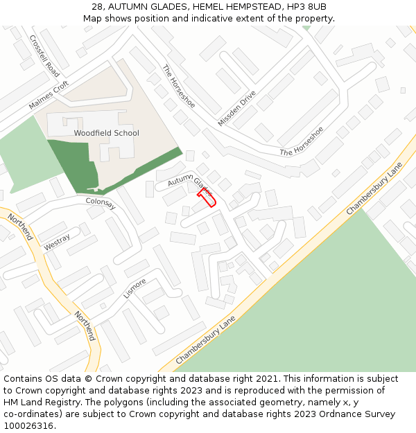 28, AUTUMN GLADES, HEMEL HEMPSTEAD, HP3 8UB: Location map and indicative extent of plot