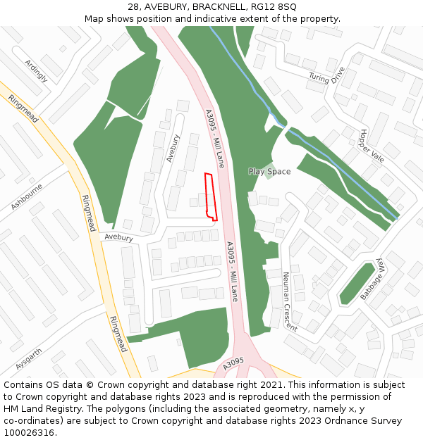 28, AVEBURY, BRACKNELL, RG12 8SQ: Location map and indicative extent of plot