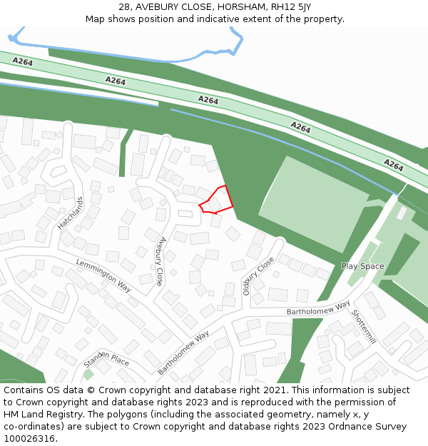 28, AVEBURY CLOSE, HORSHAM, RH12 5JY: Location map and indicative extent of plot