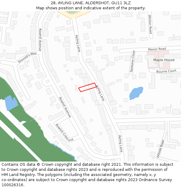 28, AYLING LANE, ALDERSHOT, GU11 3LZ: Location map and indicative extent of plot
