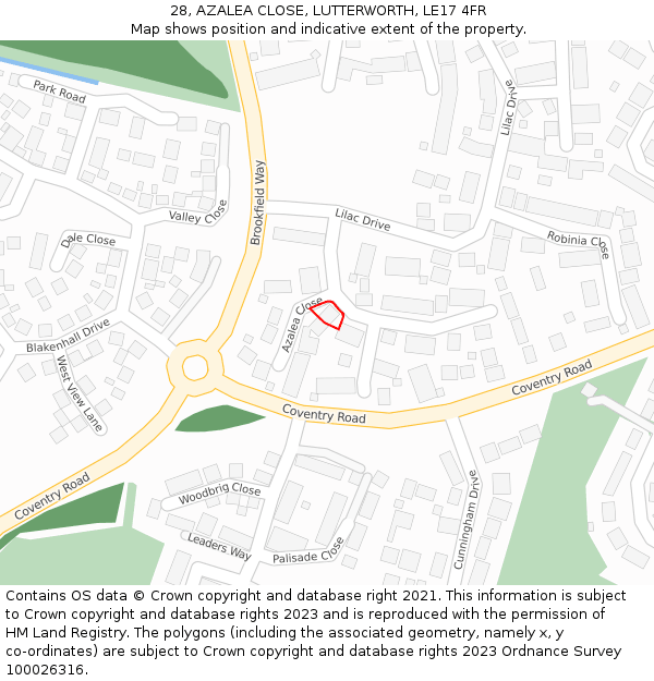 28, AZALEA CLOSE, LUTTERWORTH, LE17 4FR: Location map and indicative extent of plot