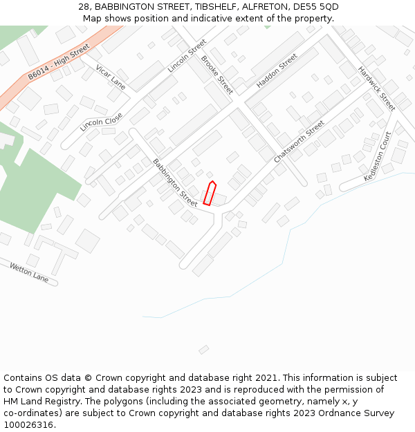 28, BABBINGTON STREET, TIBSHELF, ALFRETON, DE55 5QD: Location map and indicative extent of plot