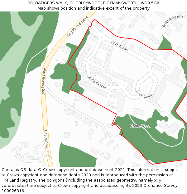 28, BADGERS WALK, CHORLEYWOOD, RICKMANSWORTH, WD3 5GA: Location map and indicative extent of plot