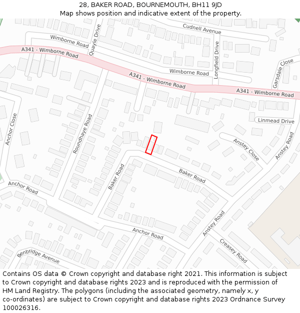 28, BAKER ROAD, BOURNEMOUTH, BH11 9JD: Location map and indicative extent of plot