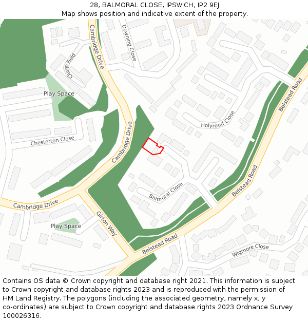 28, BALMORAL CLOSE, IPSWICH, IP2 9EJ: Location map and indicative extent of plot