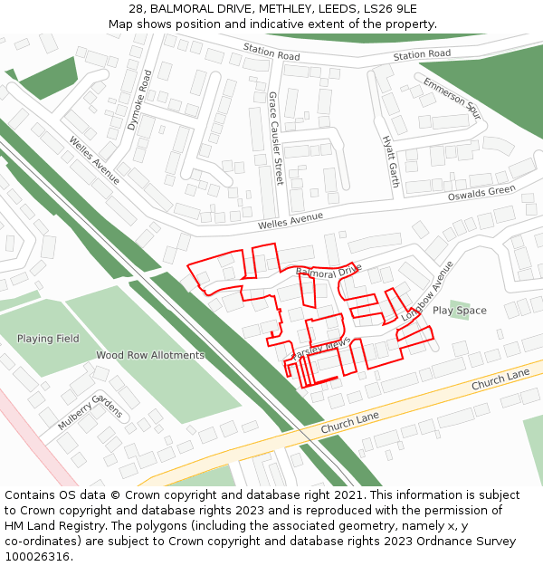 28, BALMORAL DRIVE, METHLEY, LEEDS, LS26 9LE: Location map and indicative extent of plot