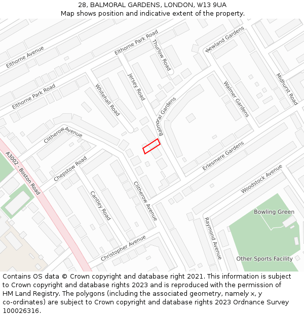 28, BALMORAL GARDENS, LONDON, W13 9UA: Location map and indicative extent of plot